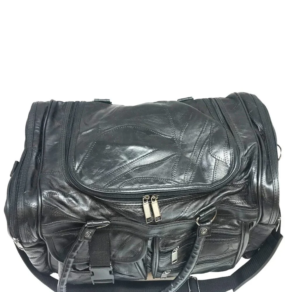 Black Leather Duffle Bag Compartments Plastic Lined Gym Travel